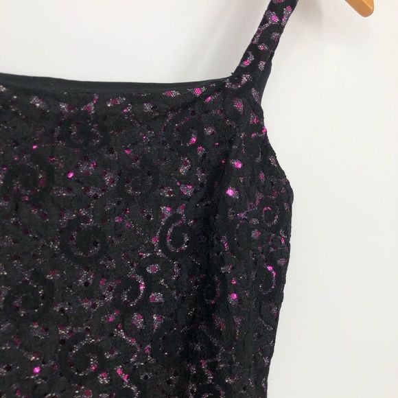 90’s Jessica McClintock Gunne Sax Black Lace Metallic Pink Dot Square Neck Dress - Picture 3 of 13